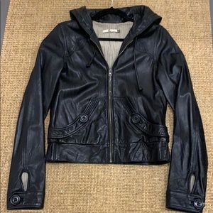 Mike & Chris Black Leather Hoodie Jacket - Size M